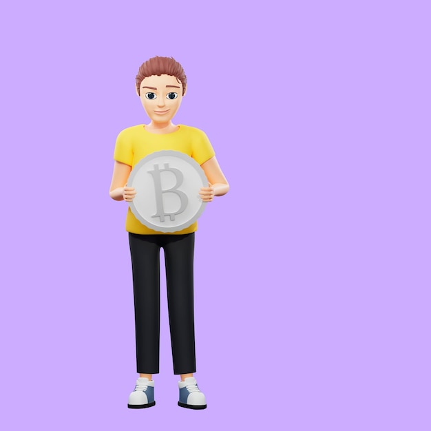 Ilustração de rasterização do homem segurando um bitcoin grande jovem em uma camiseta amarela detém dinheiro de negociação de criptomoedas pagamento de internet banking compras arte de renderização em 3d para negócios