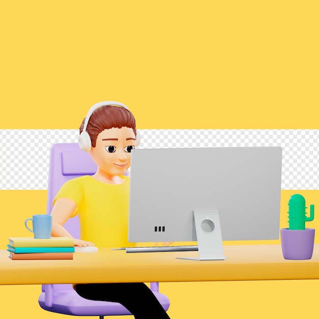 Ilustração de rasterização do homem trabalhando na mesa no escritório Um jovem de camiseta amarela senta-se em um chear em fones de ouvido com um telefone e bebida quente em uma arte de renderização 3d de cacto de caneca