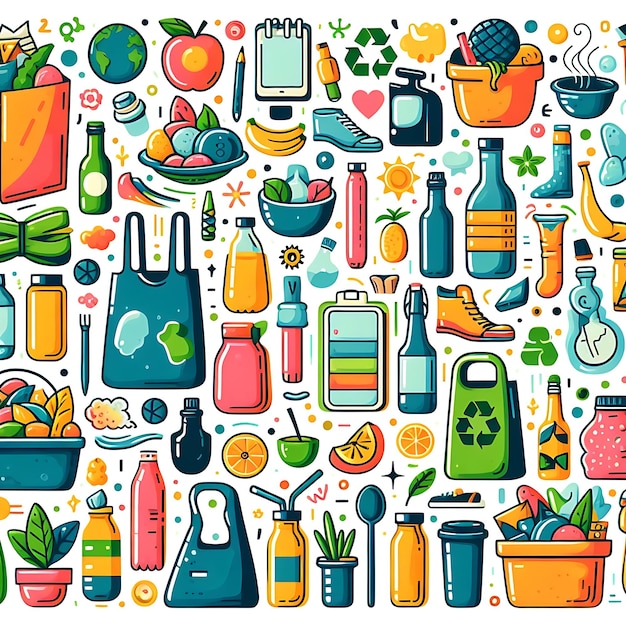 Ilustração de reciclagem de produtos de resíduos com lixeira de lixo Salvar a Terra Resíduos alimentares