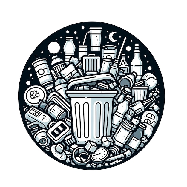 Ilustração de reciclagem de produtos de resíduos com lixeira de resíduo de resíduas de alimentos de plástico de dia zero de residuos