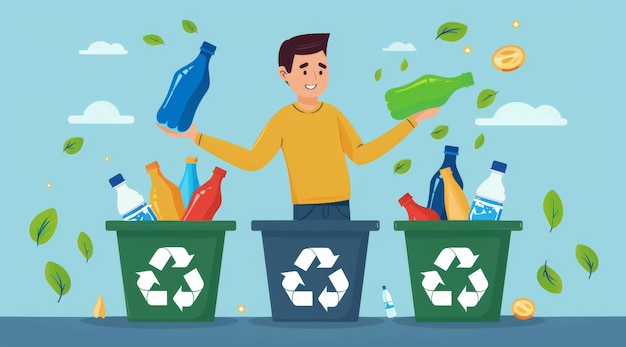 Ilustração de reciclagem e voluntário jogando garrafa no lixo para conscientização ambiental e