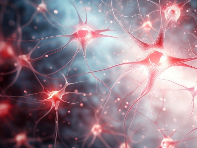 Ilustração de rede neuronal em um fundo vermelho claro e cinza gerado por IA
