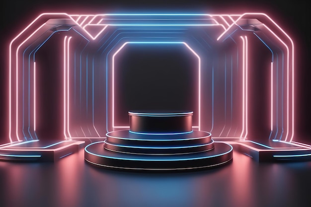 Ilustração de renderização 3D abstrato palco de exibição de pódio futurista com luz neon para IA gerada