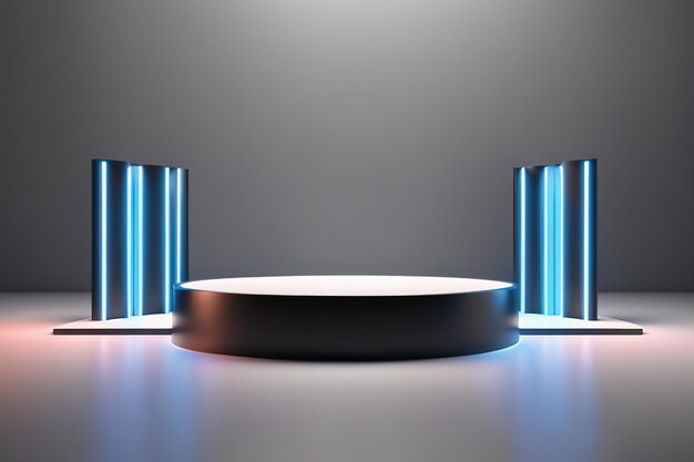 Ilustração de renderização 3D abstrato palco de exibição de pódio futurista com luz neon para IA gerada