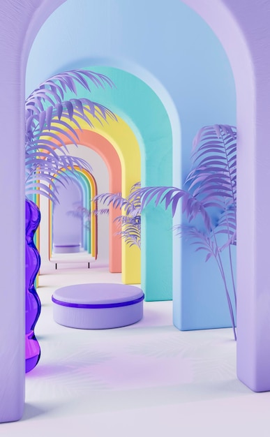 ilustração de renderização 3D belo espaço interno Galeria de arco de espelho Conceito criativo para loja de moda boutique Decoração com plantas exóticas palmas Modelo de vitrine