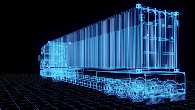 Ilustração de renderização 3d caminhão com projeto de contêiner holograma neon brilhante futurista