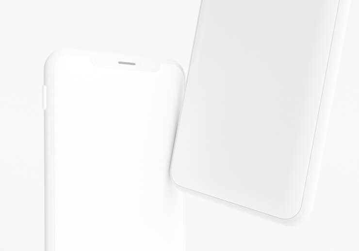 Ilustração de renderização 3D com a mão segurando o smartphone branco com tela completa e moldura moderna menos desi