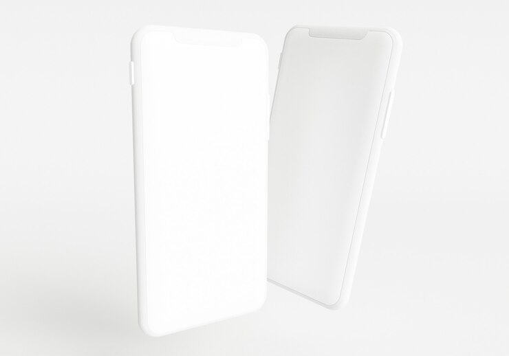 Ilustração de renderização 3D com a mão segurando o smartphone branco com tela completa e moldura moderna menos desi