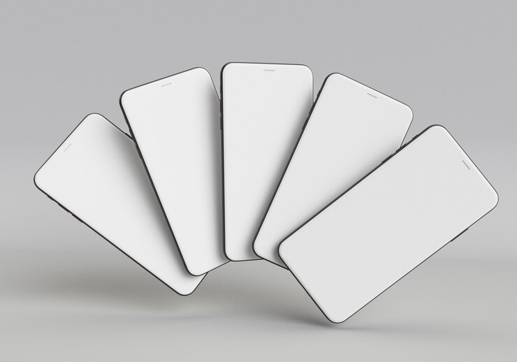 Ilustração de renderização 3D com a mão segurando o smartphone branco com tela completa e moldura moderna menos desi