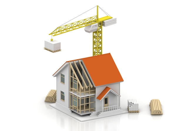 Ilustração de renderização 3d da casa com interior aberto no topo Documentos de projetos de guindaste e cálculos de hipoteca