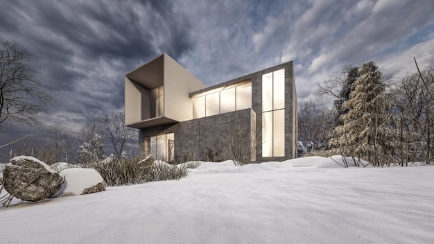 Ilustração de renderização 3d da casa mínima moderna com terreno inclinado e paisagem de neve