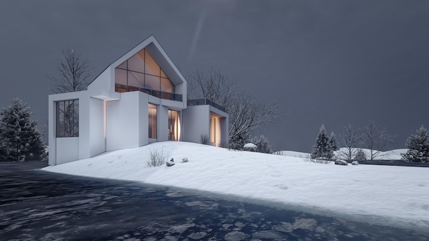 Ilustração de renderização 3D da casa moderna com paisagem de neve