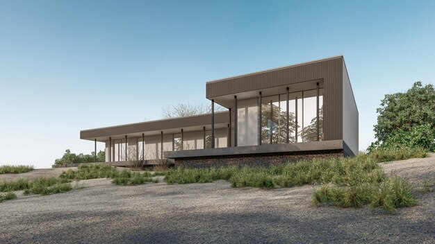 Renderização em 3d de uma casa moderna com fachada escura. casa com janelas  panorâmicas e terraço. tijolo