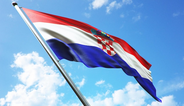 Ilustração de renderização 3D de alta resolução da bandeira da Croácia com um fundo de céu azul