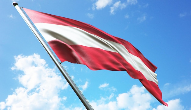 Ilustração de renderização 3D de alta resolução da bandeira da Áustria com um fundo de céu azul