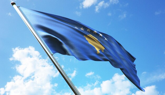 Ilustração de renderização 3D de alta resolução da bandeira de Kosovo com fundo de céu azul