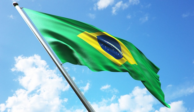 Ilustração de renderização 3D de alta resolução da bandeira do Brasil com um fundo de céu azul