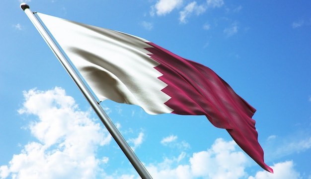Ilustração de renderização 3D de alta resolução da bandeira do Qatar com um fundo de céu azul