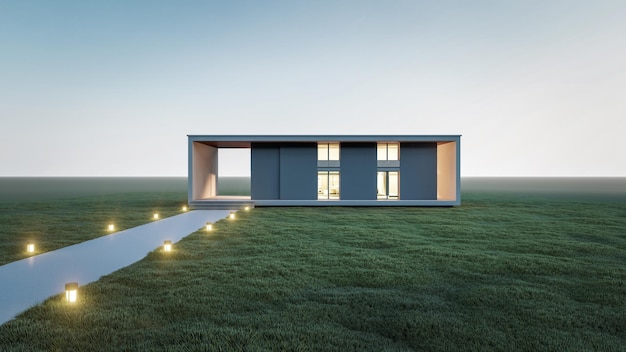Ilustração de renderização 3d de arquitetura da casa mínima moderna com paisagem natural e passarela