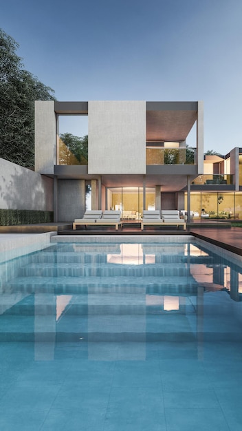 Ilustração de renderização 3d de arquitetura de casa mínima com piscina