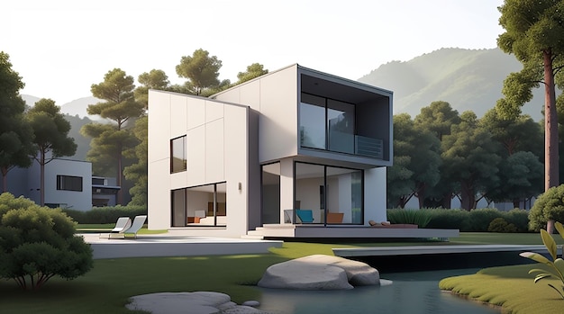 Ilustração de renderização 3d de arquitetura de casa moderna mínima com paisagem natural