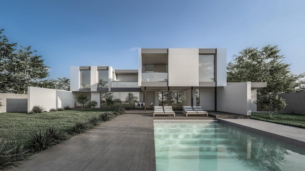 Ilustração de renderização 3d de arquitetura de casa moderna mínima com piscina