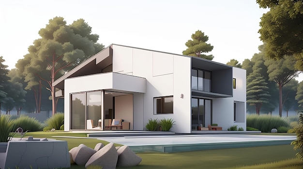 Ilustração de renderização 3d de arquitetura de casa moderna mínima