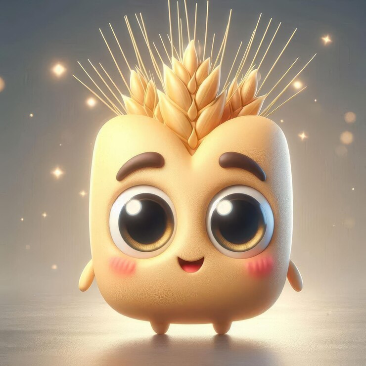 Foto ilustração de renderização 3d de boneca de mascote de trigo bonita com expressão sorridente com olhos grandes