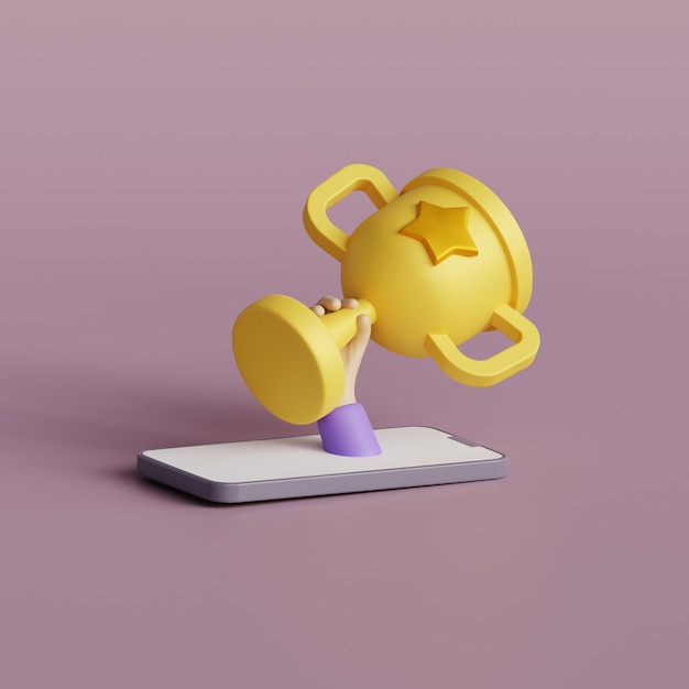 Ilustração de renderização 3D de desenho animado de mão segurando copo de troféu de ouro e smartphone