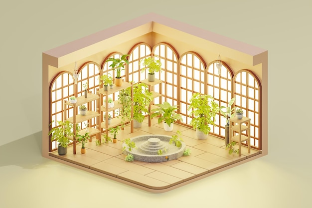 Ilustração de renderização 3D de espaço para plantas em vaso Vista isométrica