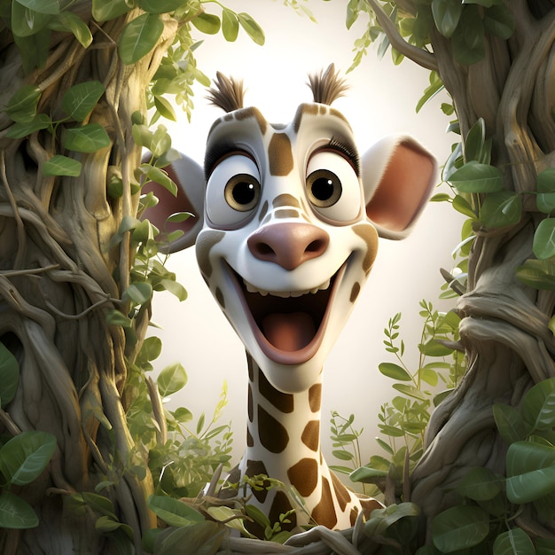 Ilustração de renderização 3D de girafa de desenho animado em uma estrutura de árvore