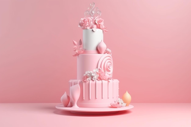 ilustração de renderização 3D de IA generativa de bolo de casamento fofo