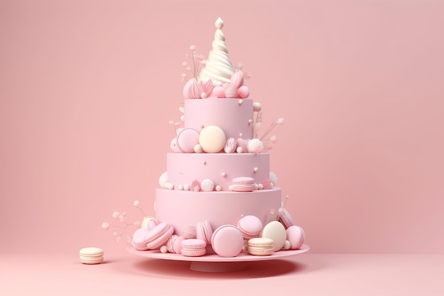 ilustração de renderização 3D de IA generativa de bolo de casamento rosa fofo