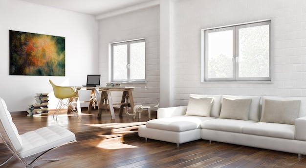 Ilustração de renderização 3D de interiores brilhantes modernos