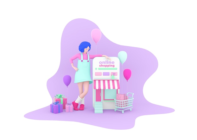 Ilustração de renderização 3D de menina em pé com um grande smartphone Arte conceitual de compras online