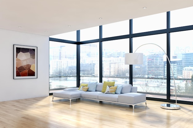Ilustração de renderização 3D de sala de estar moderna apartamento de interiores brilhantes