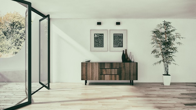 Ilustração de renderização 3D de sala de estar moderna apartamento de interiores brilhantes