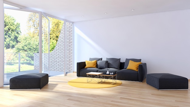 Ilustração de renderização 3d de sala de estar moderna apartamento de interiores brilhantes