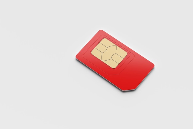 Foto ilustração de renderização 3d de um cartão sim de telefone celular vermelho em fundo cinzento