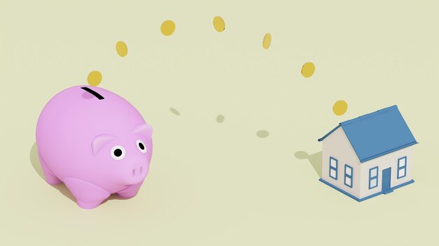 Ilustração de renderização 3D de um cofrinho rosa ao lado de uma casa Conceito de cofrinho rosa para projetar