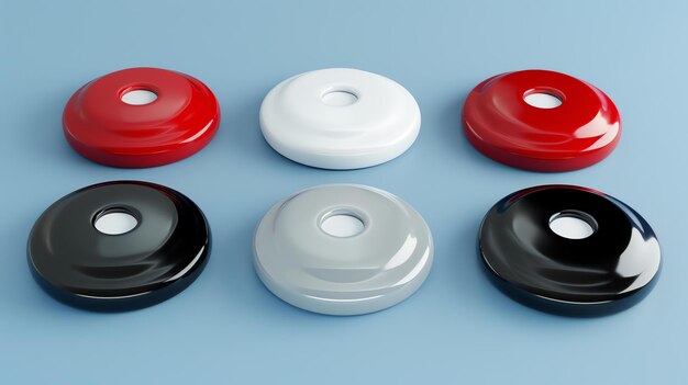 Foto ilustração de renderização 3d de um conjunto de seis discos coloridos em um fundo azul os discos são vermelhos, brancos, cinzentos e pretos