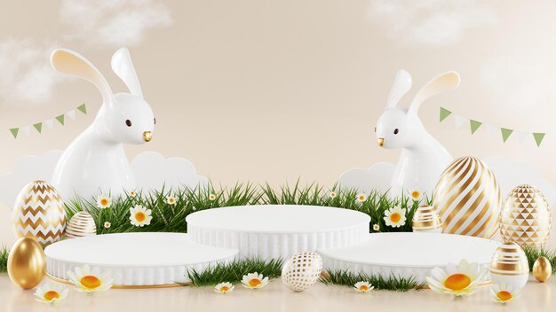 Ilustração de renderização 3D dia de Páscoa e pódio coelho realista com elementos de ovos de Páscoa de ouro e flor com decorações de grama