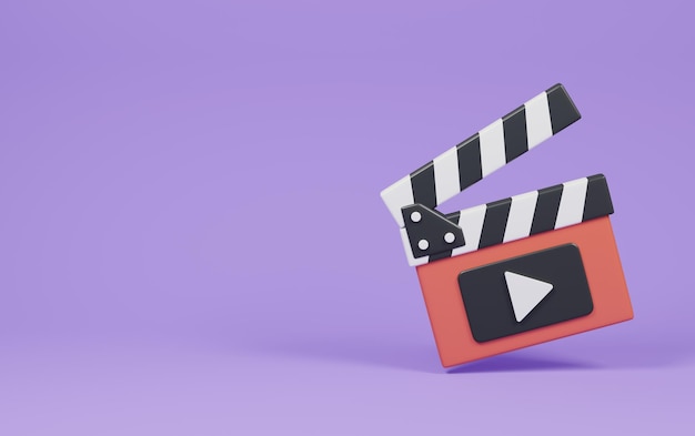 Foto ilustração de renderização 3d do conceito de cinema clapperboard em fundo roxo