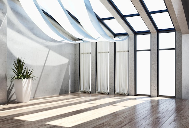 Ilustração de renderização 3D do quarto vazio de interiores brilhantes modernos