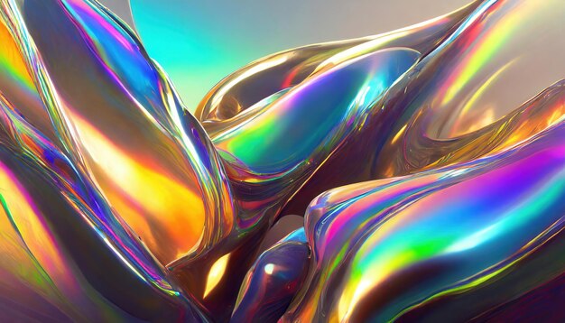 Ilustração de renderização 3D Formas orgânicas iridescentes metálicas com movimento suave ai geradas