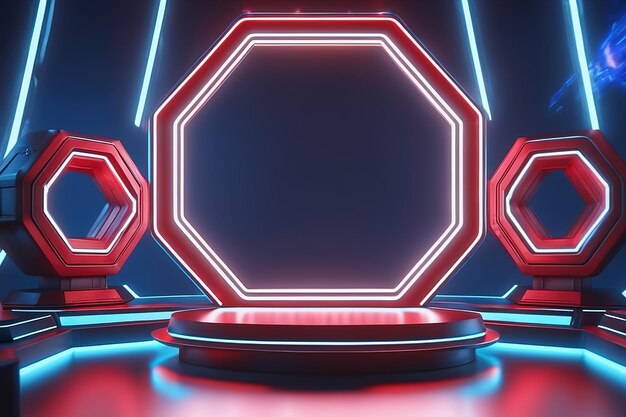 Ilustração de renderização 3D futurista com palco de pódio de luz neon para produto premium gerado por IA