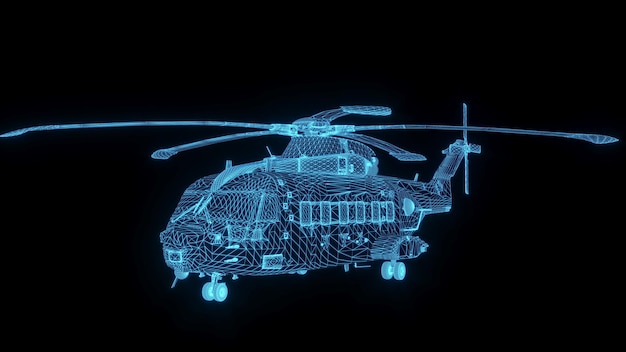 ilustração de renderização 3D Helicóptero planta brilhante holograma neon futurista