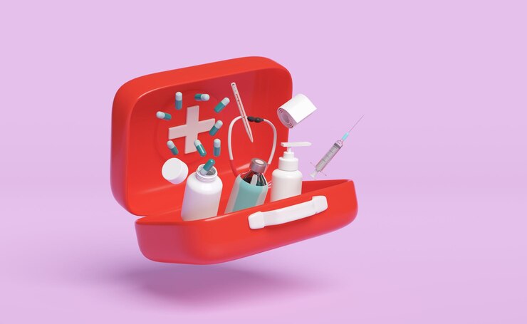 Foto ilustração de renderização 3d kit de primeiros socorros vermelho ícone aberto isolado em fundo rosa