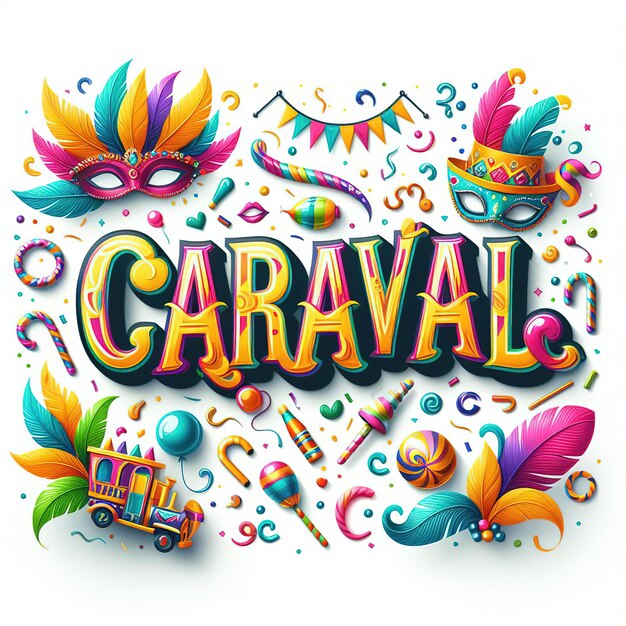 Foto ilustração de renderização 3d letras coloridas para carnaval com elementos de festa decorados ai gerados