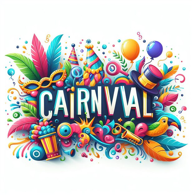 Foto ilustração de renderização 3d letras coloridas para carnaval com elementos de festa decorados em fundo branco espaço de design de cabeçalho ou banner para texto ou mensagem gerado